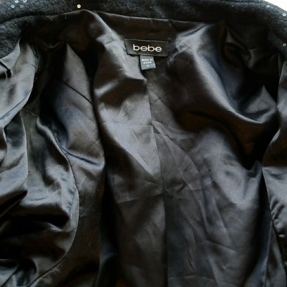 Bebe long sequin black coat with belt in size Large. - Picture 7 of 8